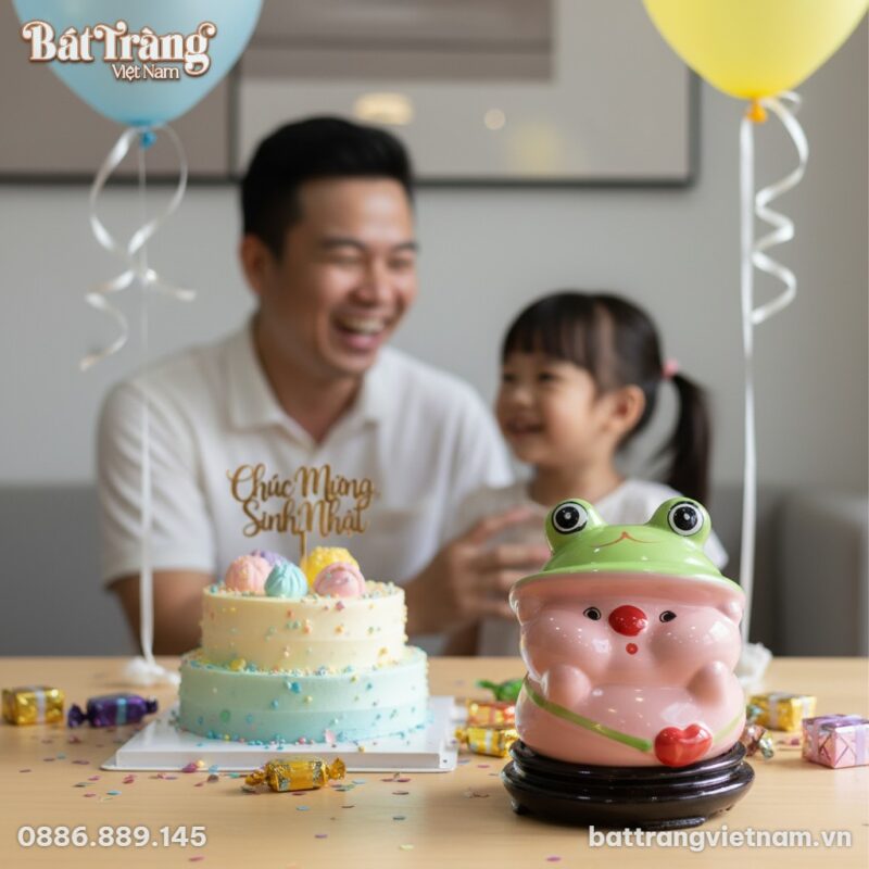 Cận cảnh ống tiết kiệm bé heo hồng mũ ếch đặt t...