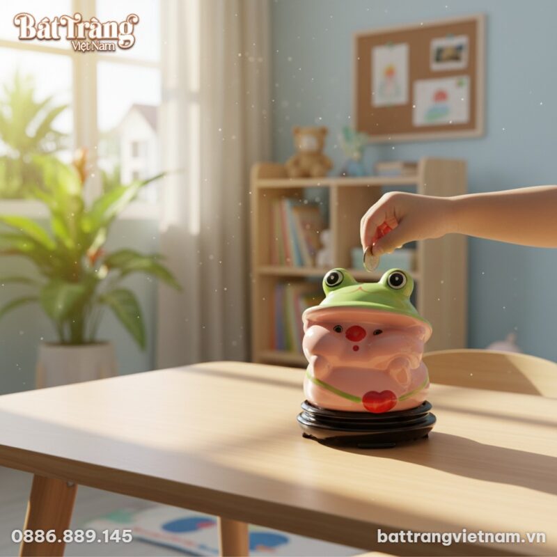 Ống tiết kiệm bé heo hồng mũ ếch đặt trên bàn h...