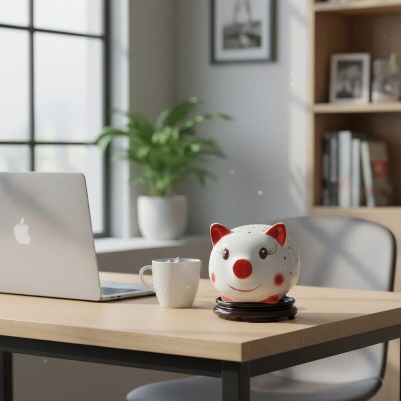 Ống heo chấm bi trắng đỏ đặt trên góc bàn làm v... Ống heo chấm bi trắng đỏ đặt trên góc bàn làm v...