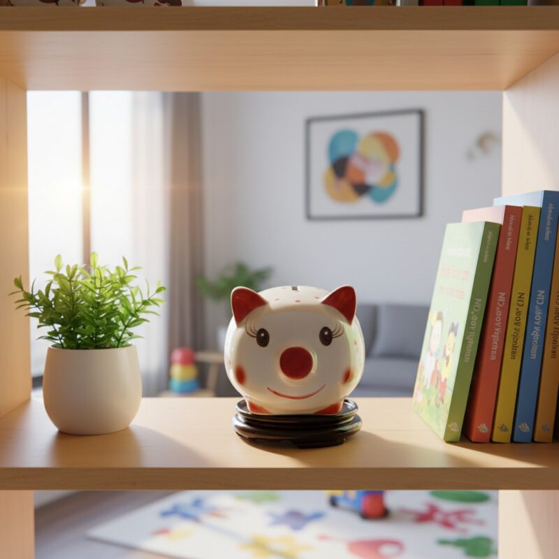 Ống heo chấm bi trắng đỏ đặt trên kệ sách gỗ mà... Ống heo chấm bi trắng đỏ đặt trên kệ sách gỗ mà...