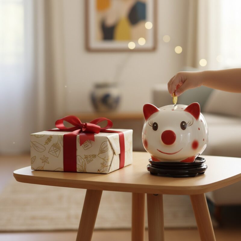 Ống heo chấm bi trắng đỏ được đặt trên một chiế... Ống heo chấm bi trắng đỏ được đặt trên một chiế...