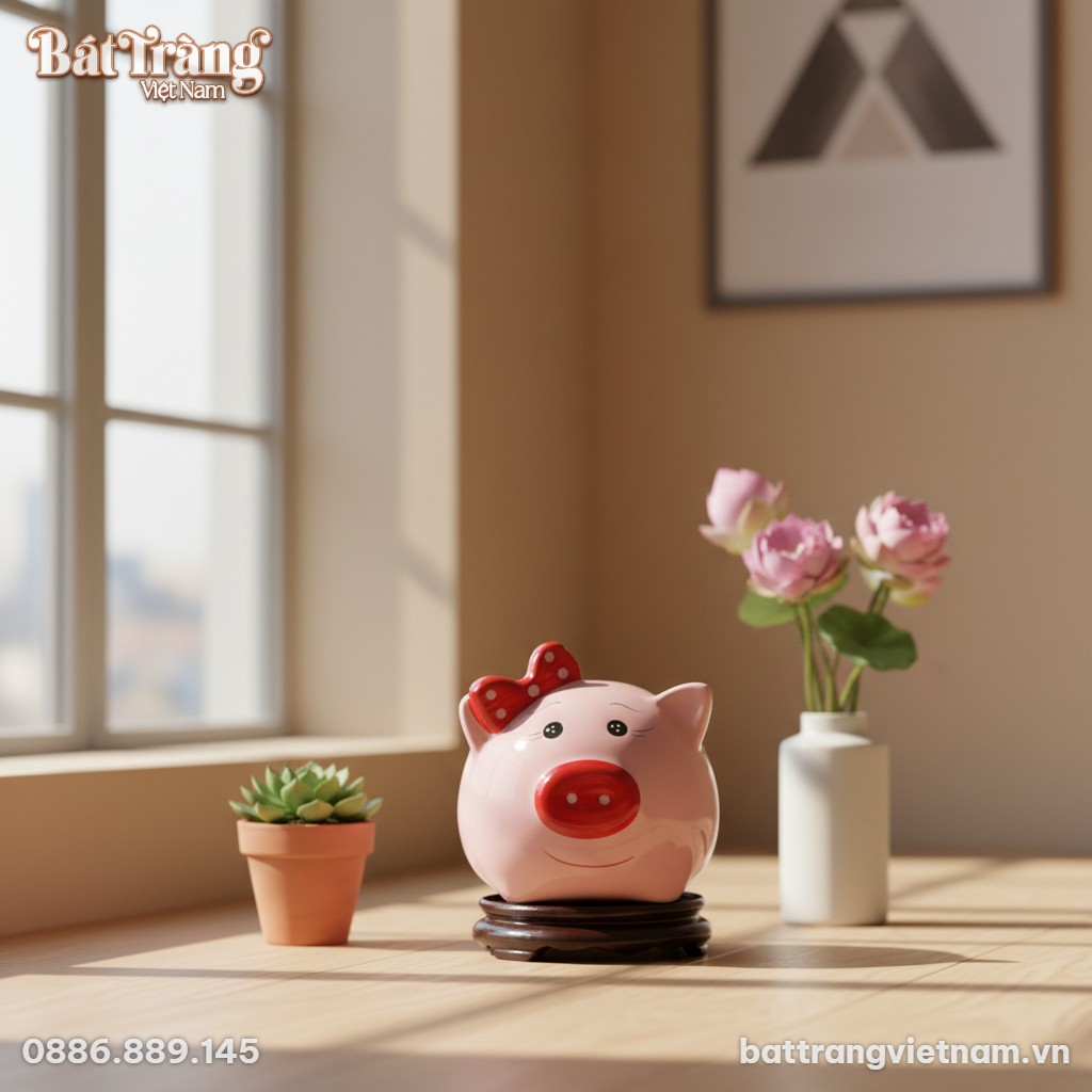 Ống tiết kiệm heo hồng Bát Tràng 20cm đặt trang...