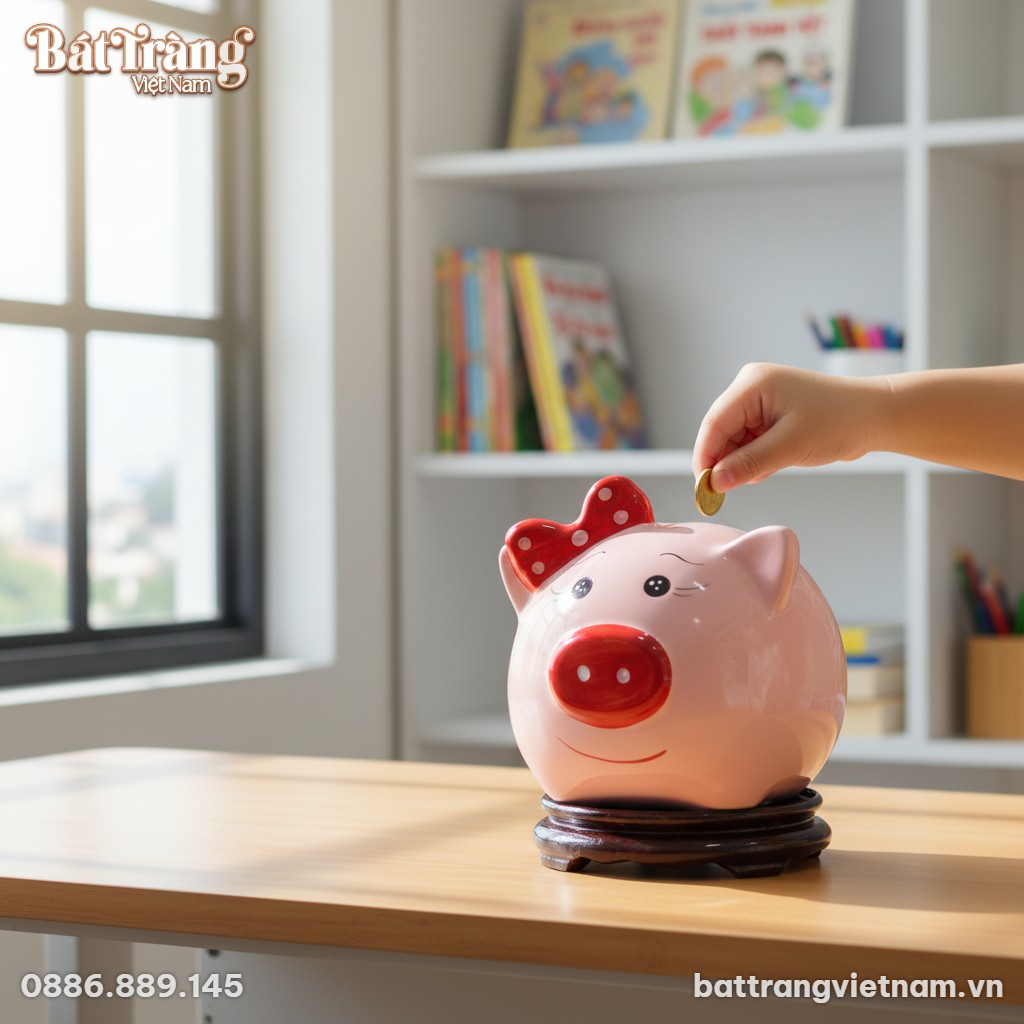 Ống tiết kiệm heo hồng Bát Tràng 20cm trên bàn ...