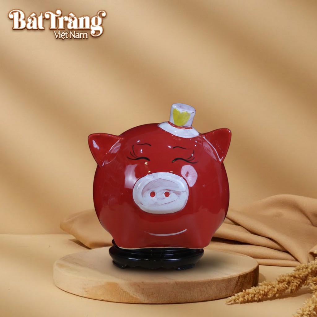 Ống tiết kiệm heo màu đỏ đội mũ BT-HĐ04