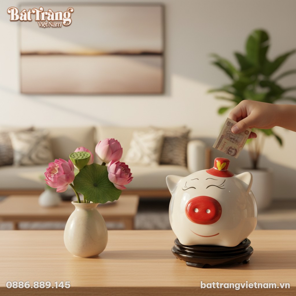 Ống heo đất gốm sứ B&aacute;t Tr&agrave;ng 20cm với nụ cười h...