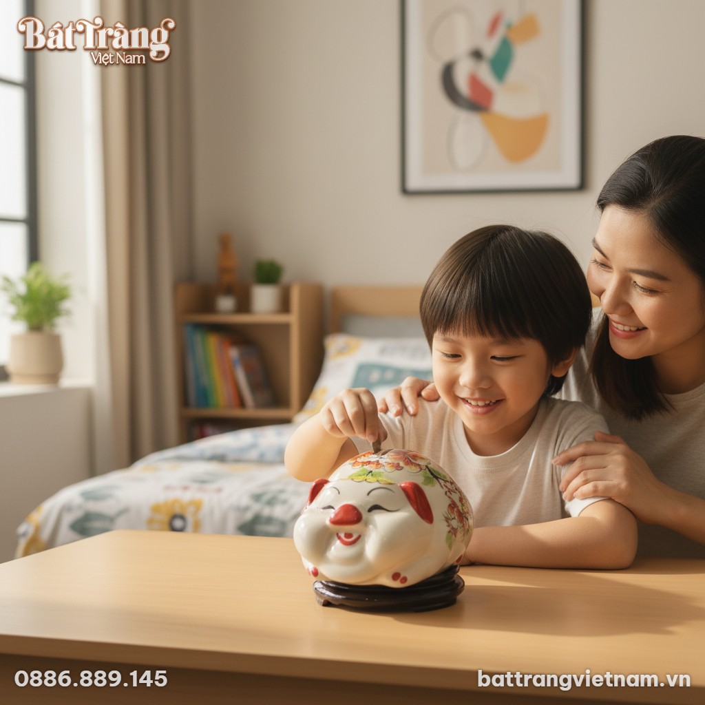 Một đứa trẻ đang vui vẻ bỏ tiền vào ống tiết ki...