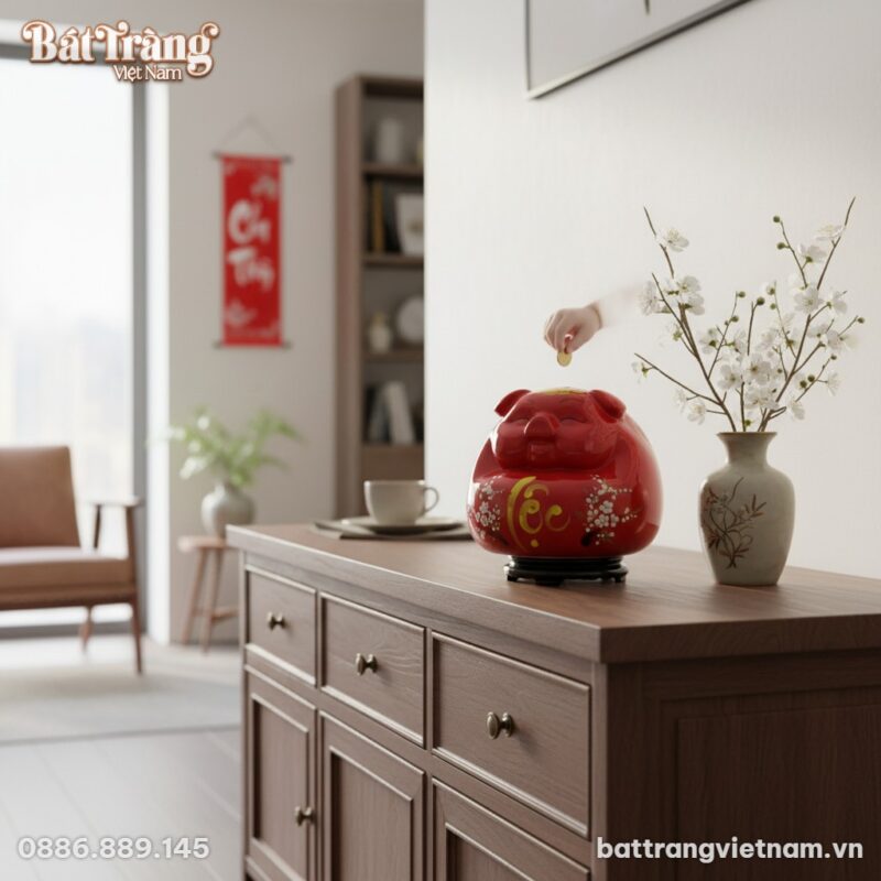 Ống heo gốm Bát Tràng đỏ chữ 'Lộc' và hoa mai t... Ống heo gốm Bát Tràng đỏ chữ 'Lộc' và hoa mai t...