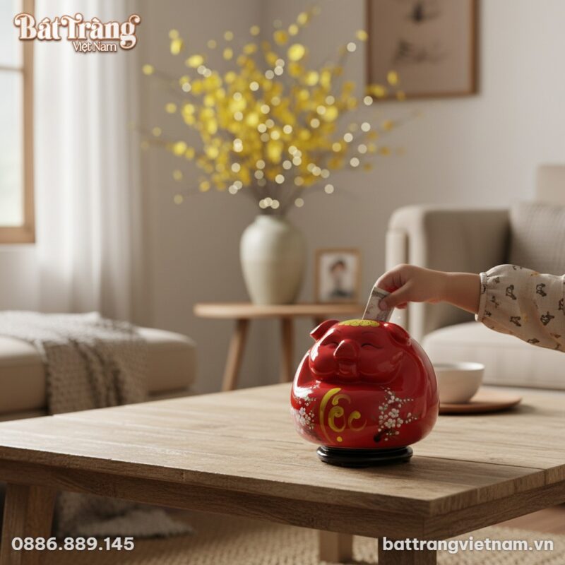 Ống heo gốm Bát Tràng đỏ rực đặt trên bàn trà g... Ống heo gốm Bát Tràng đỏ rực đặt trên bàn trà g...