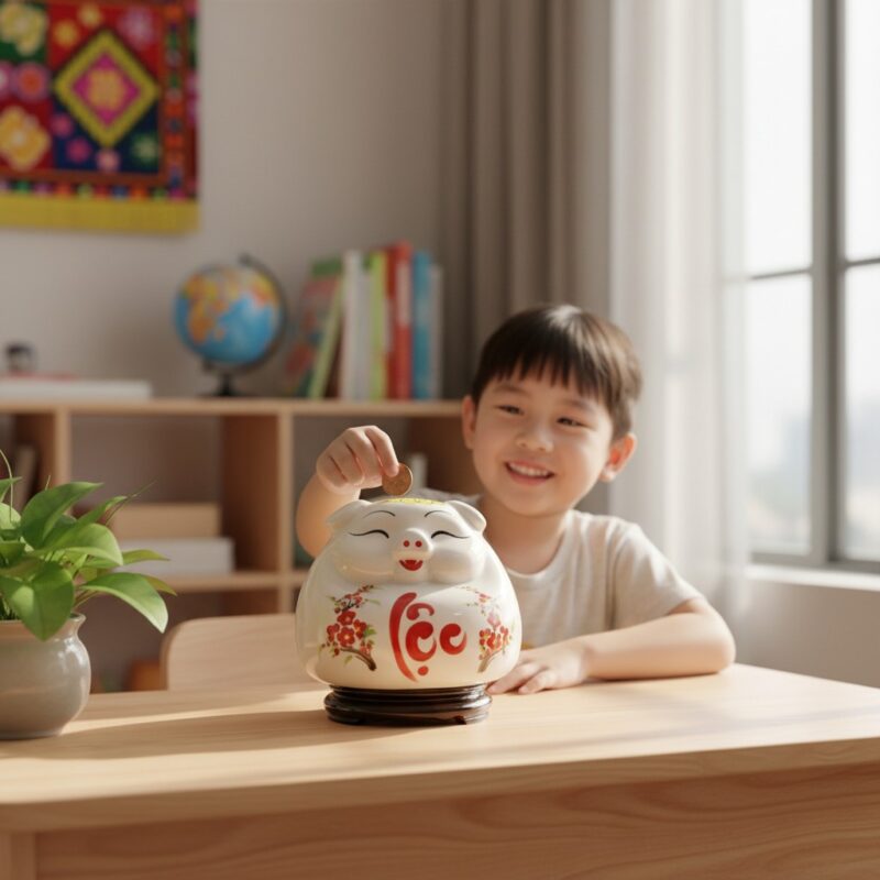 Một đứa trẻ Việt Nam đang mỉm cười đặt đồng xu ...