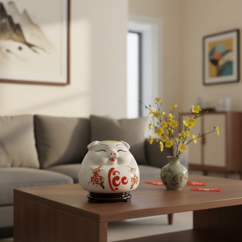 Ống tiết kiệm heo sứ Bát Tràng màu trắng chữ 'L...