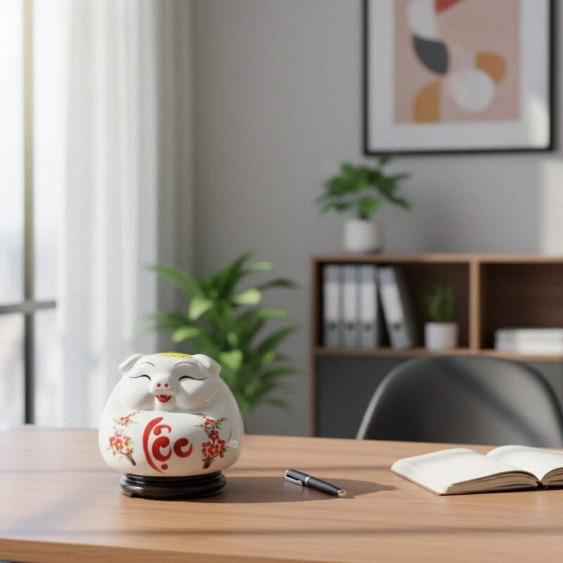 Ống tiết kiệm heo sứ Bát Tràng màu trắng với ch...