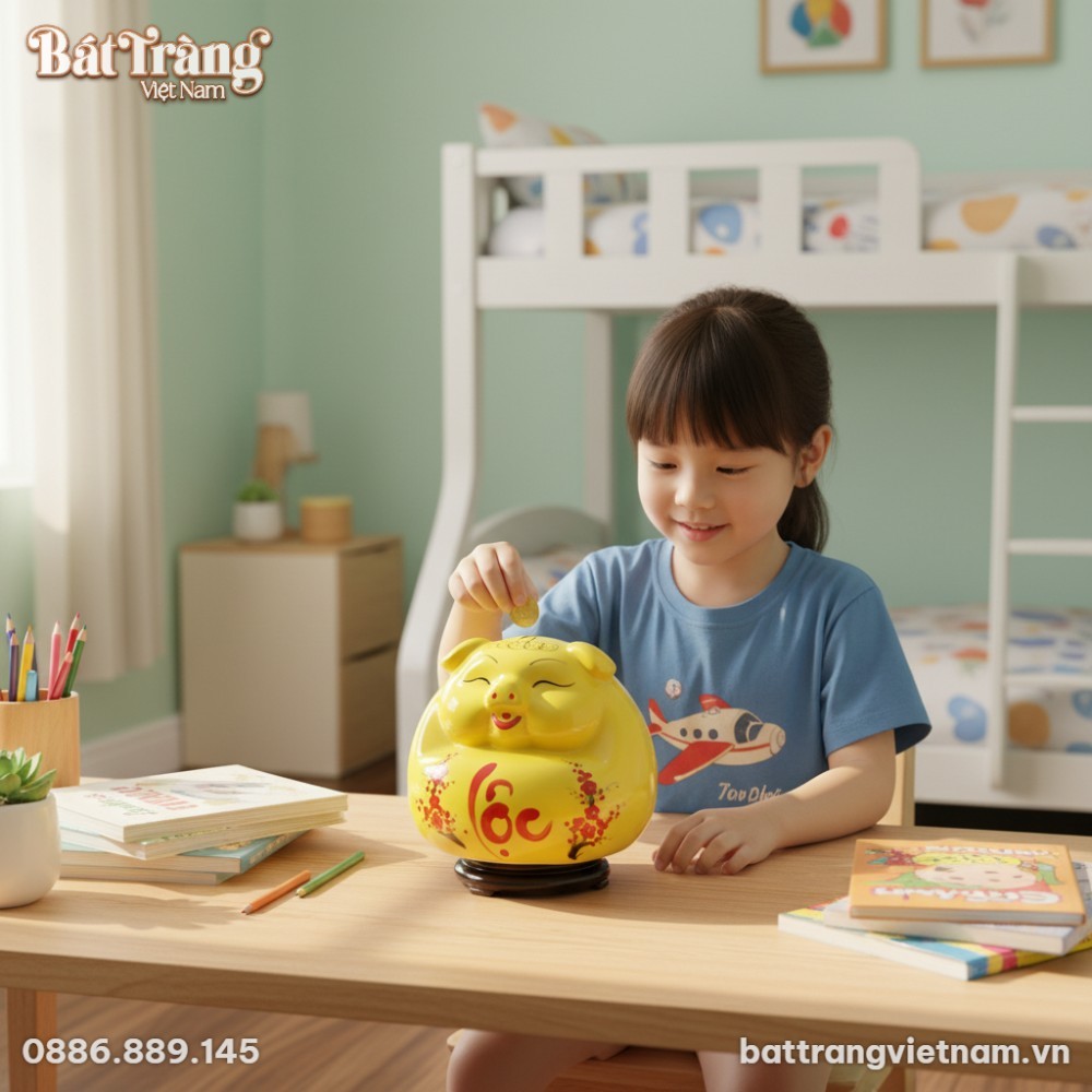 Một đứa trẻ Việt Nam đang vui vẻ đặt đồng xu v&agrave;...