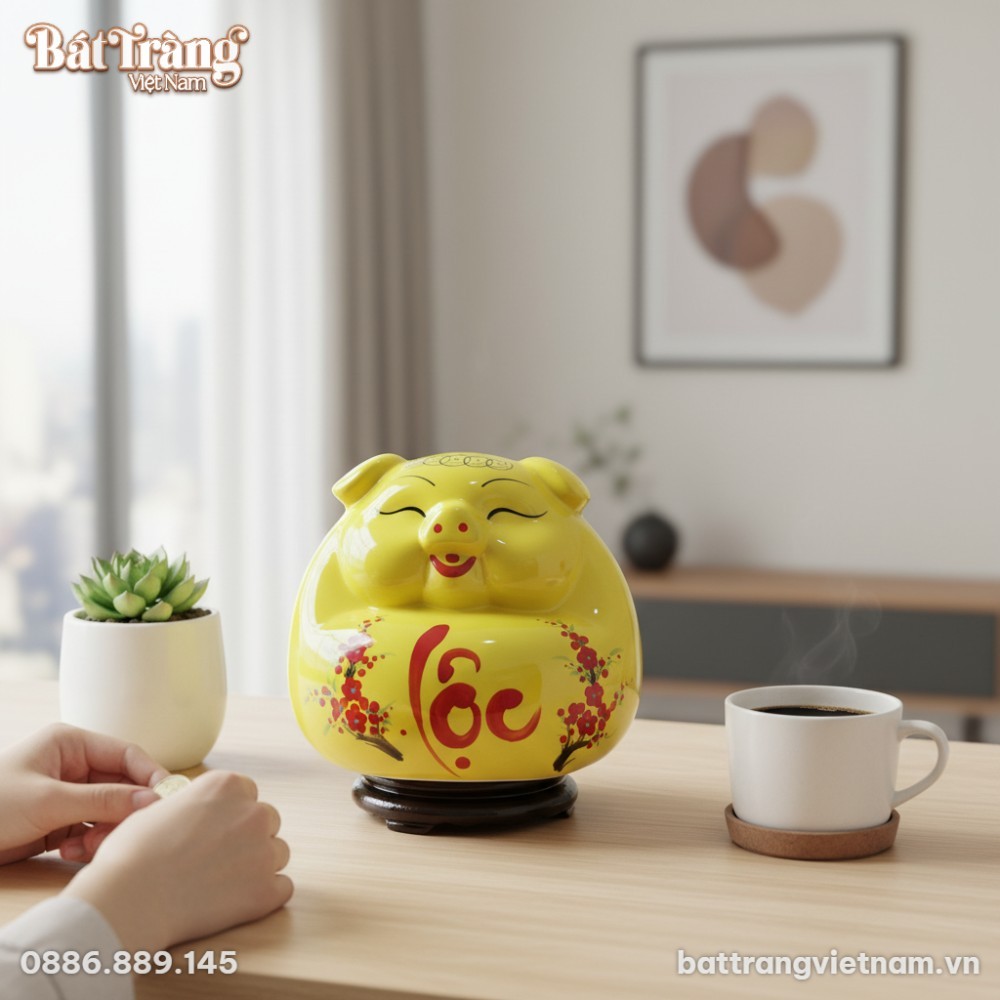 Ống tiết kiệm heo phệ v&agrave;ng B&aacute;t Tr&agrave;ng tr&ecirc;n b&agrave;n l...