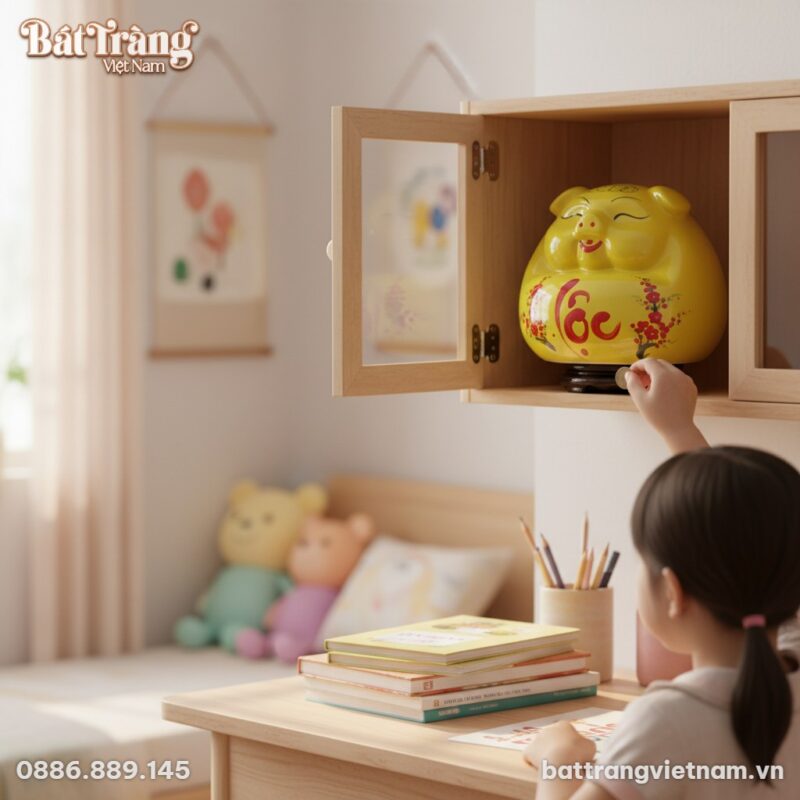 Cận cảnh ống tiết kiệm heo phệ vàng gốm sứ với ...