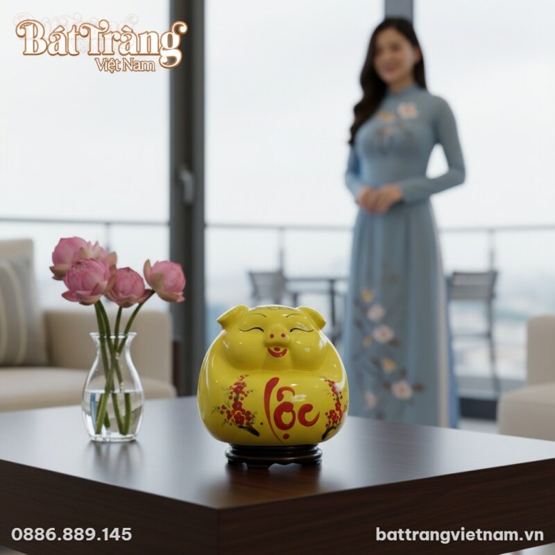 Ống tiết kiệm heo phệ vàng gốm sứ Bát Tràng nổi...