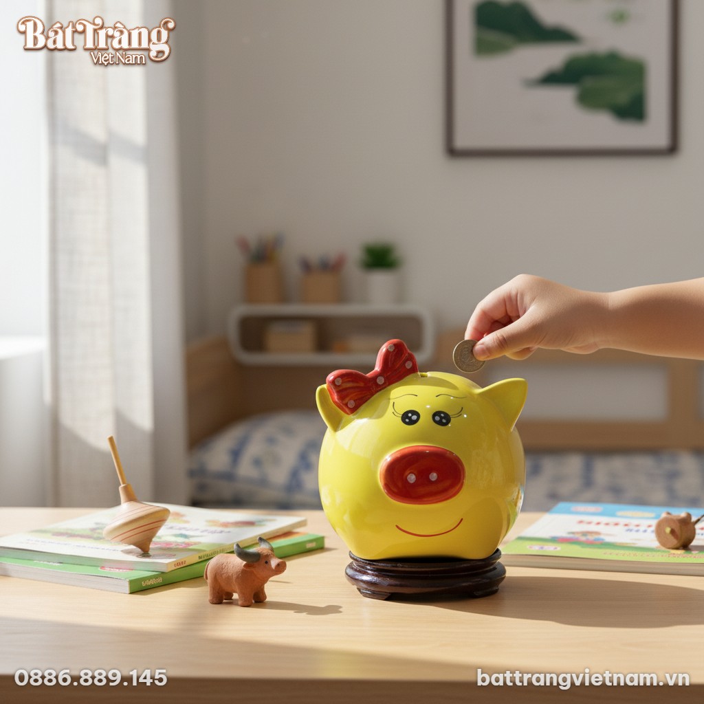 Ống heo v&agrave;ng BT_HĐ13 đặt tr&ecirc;n b&agrave;n học gỗ m&agrave;u s&aacute;...