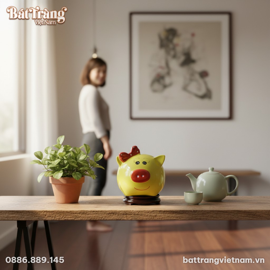 Ống heo v&agrave;ng BT_HĐ13 nổi bật tr&ecirc;n kệ gỗ thấp tr...