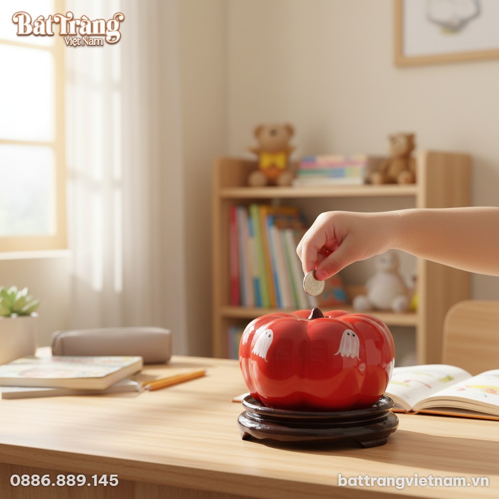 Cận cảnh ống tiết kiệm bí đỏ men bóng đặt trên ...