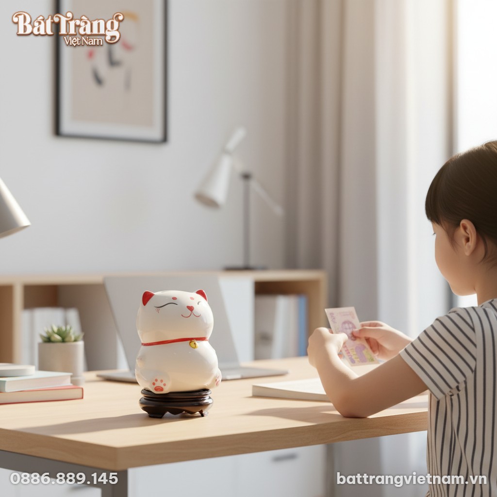 Ống tiết kiệm m&egrave;o thần t&agrave;i trắng BT-HĐ19 đặt tr...