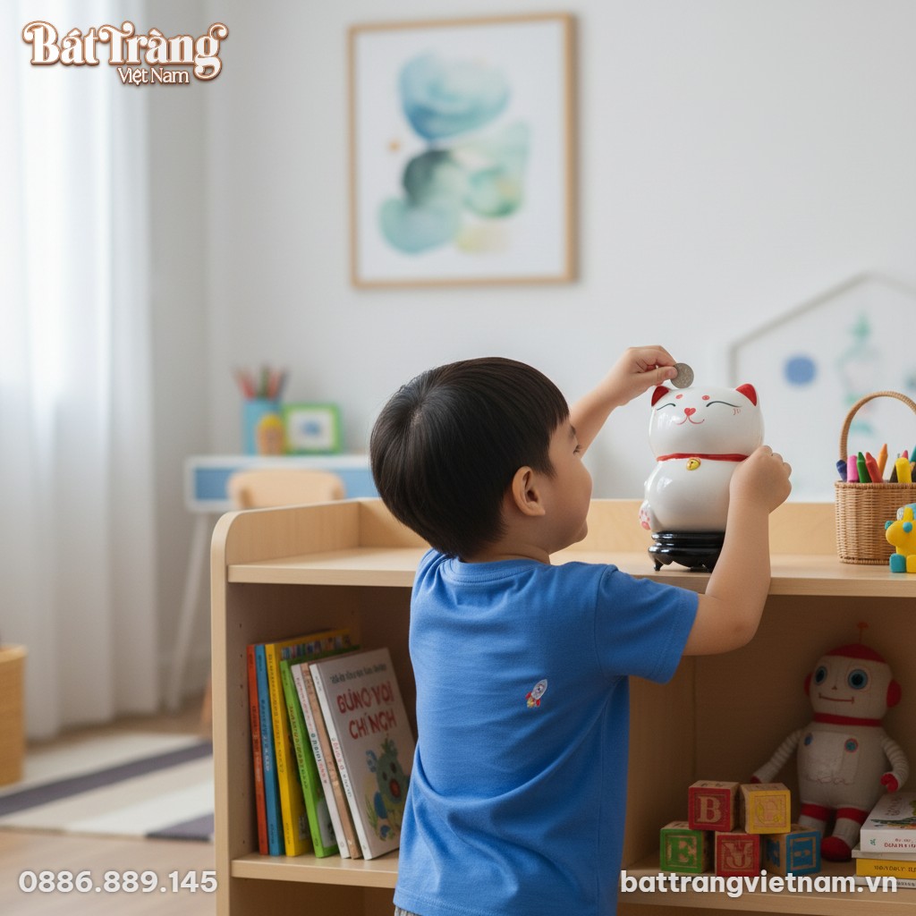 Ống tiết kiệm m&egrave;o thần t&agrave;i trắng BT-HĐ19 tr&ecirc;n k...