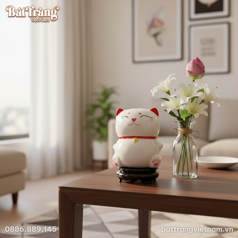 Cận cảnh ống tiết kiệm mèo thần tài trắng BT-HĐ...