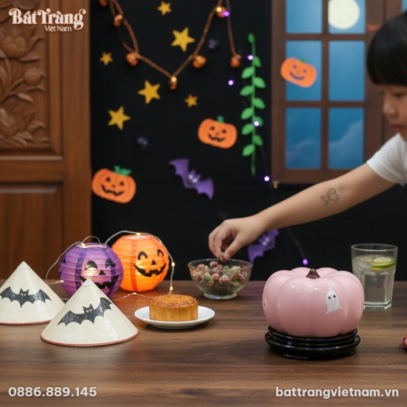 quả bí ngô gốm sứ Bát Tràng hồng hồn ma đặt tr...