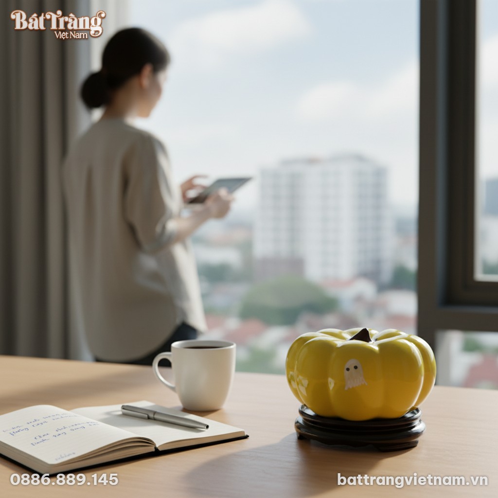 Quả b&iacute; ng&ocirc; gốm sứ v&agrave;ng đặt tinh tế tr&ecirc;n b&agrave;n l&agrave;m...