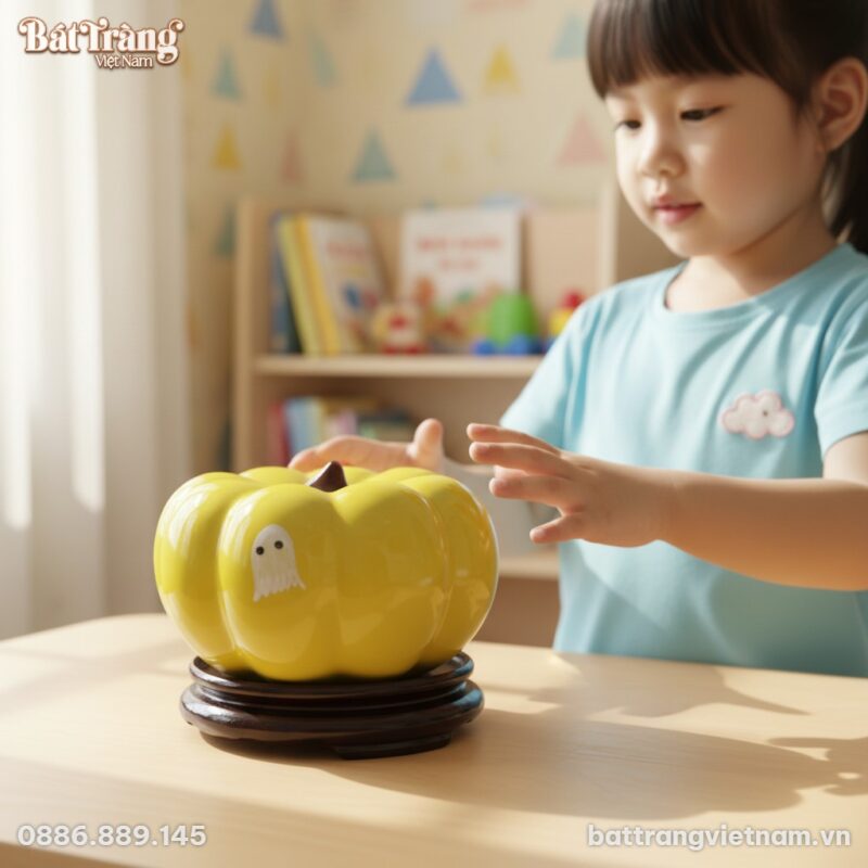 Cận cảnh tinh tế quả bí ngô gốm sứ Bát Tràng mà...