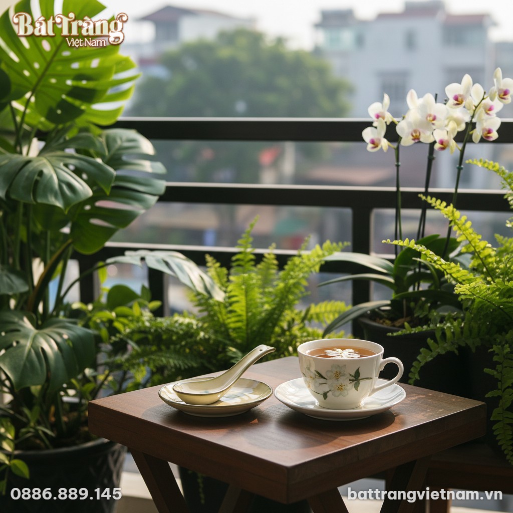 Chiếc th&igrave;a gốm B&aacute;t Tr&agrave;ng men kem họa tiết hoa x...