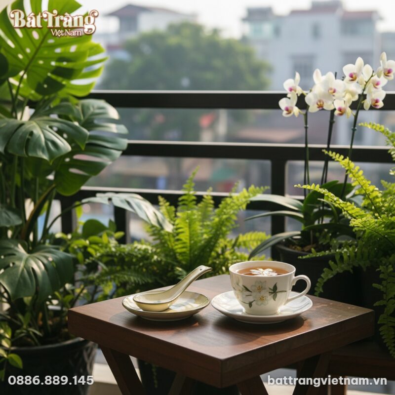 Chiếc thìa gốm Bát Tràng men kem họa tiết hoa x...