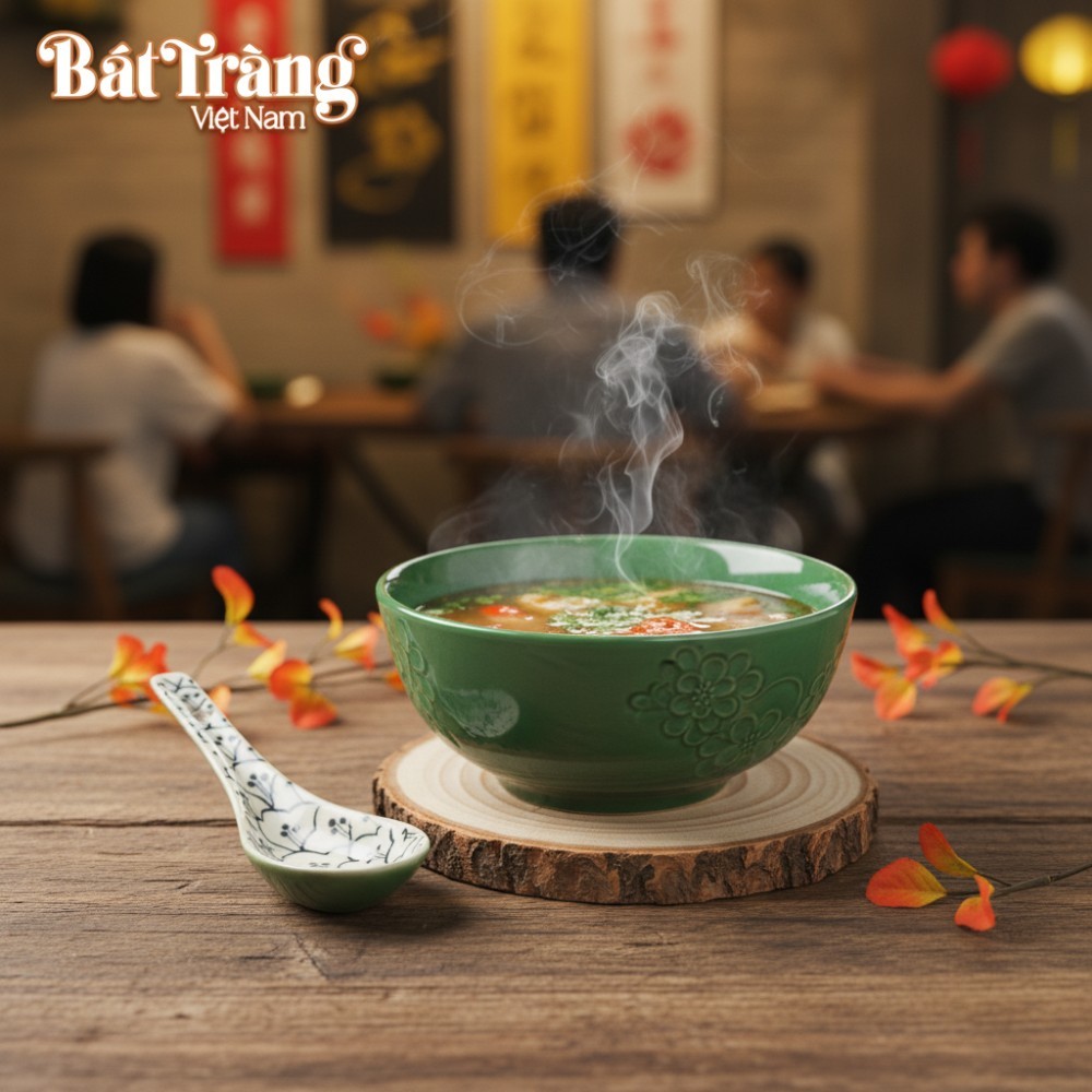 Chiếc thìa cơm gốm Bát Tràng họa tiết lá cành, ...