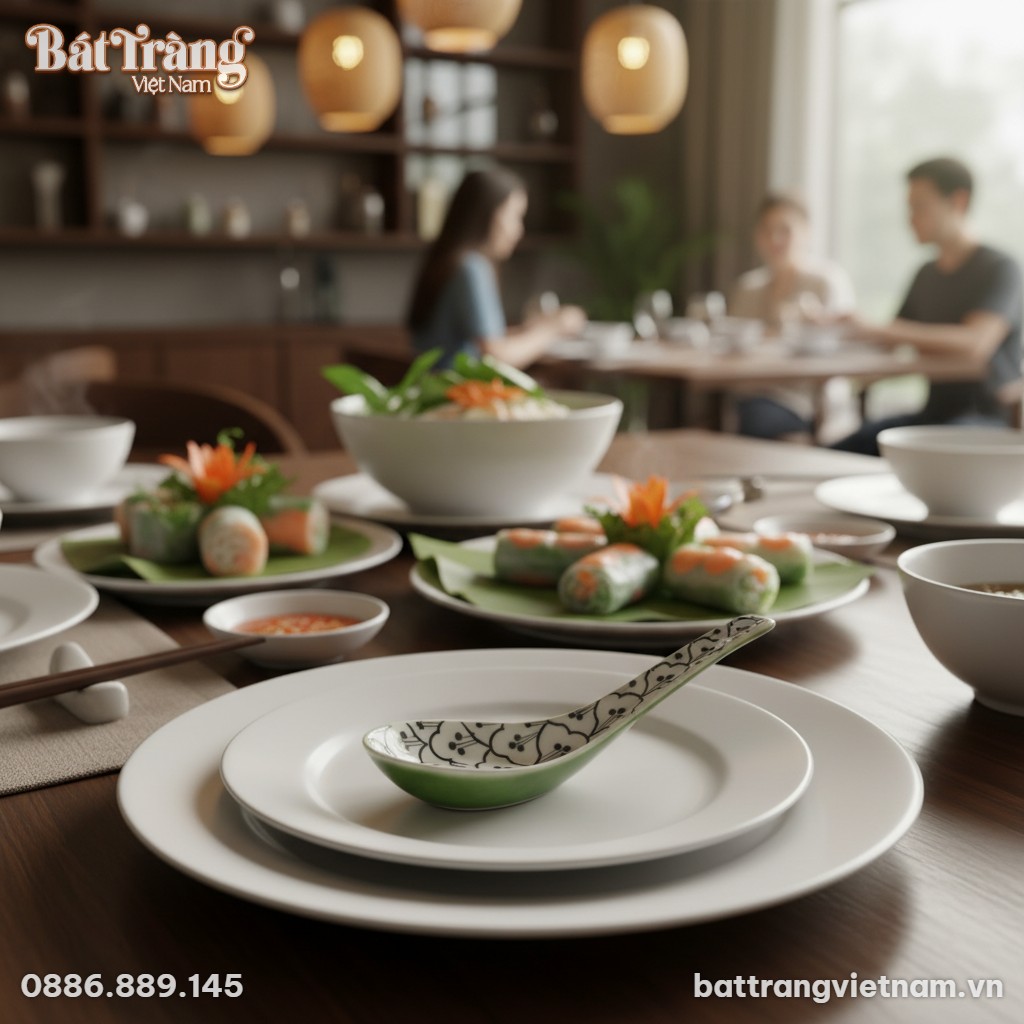 Một chiếc thìa cơm gốm Bát Tràng viền xanh, họa...