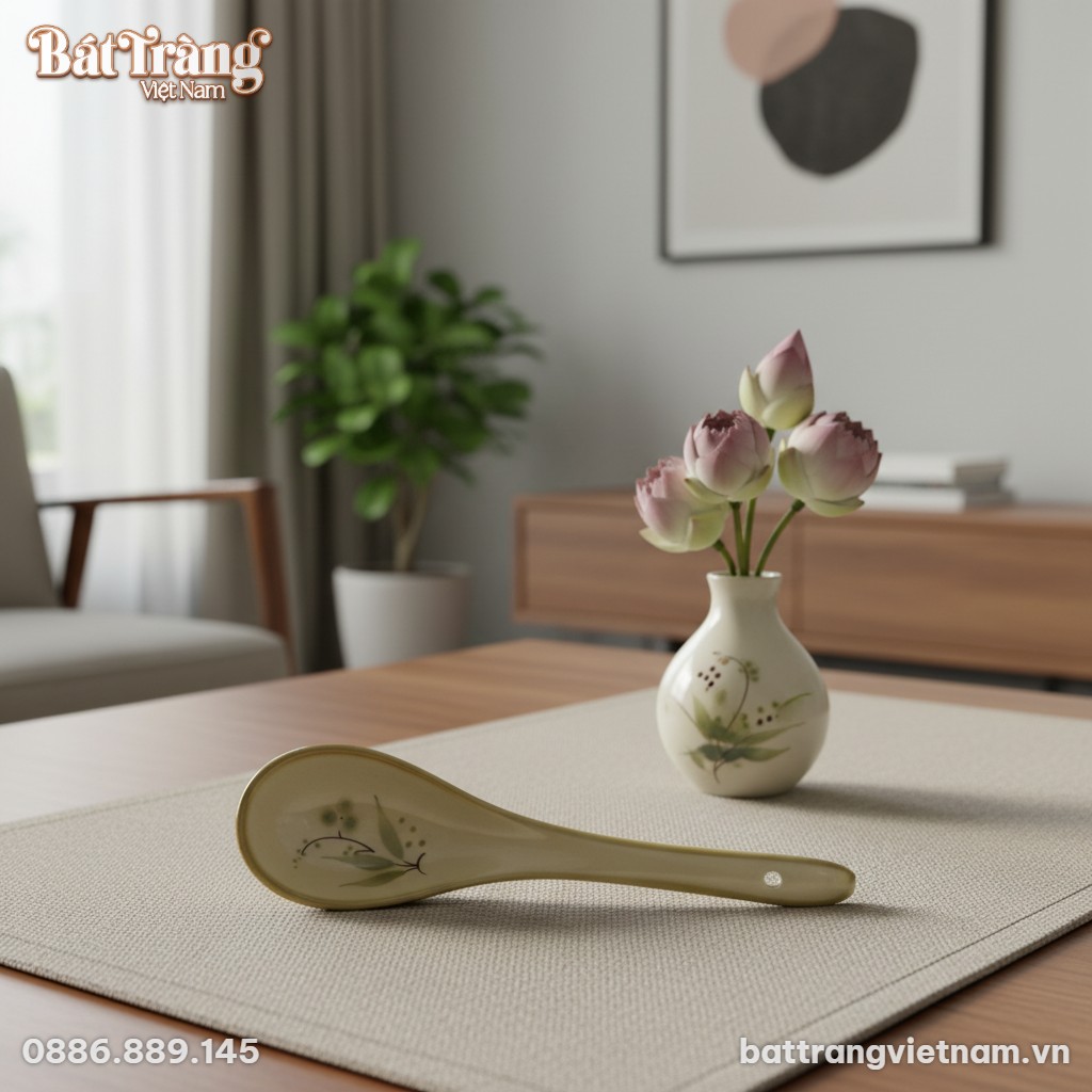 Một chiếc th&igrave;a m&uacute;c canh B&aacute;t Tr&agrave;ng men b&oacute;ng m&agrave;u ...