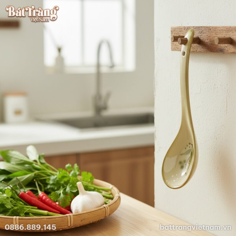 Cận cảnh chiếc thìa múc canh Bát Tràng men kem,...
