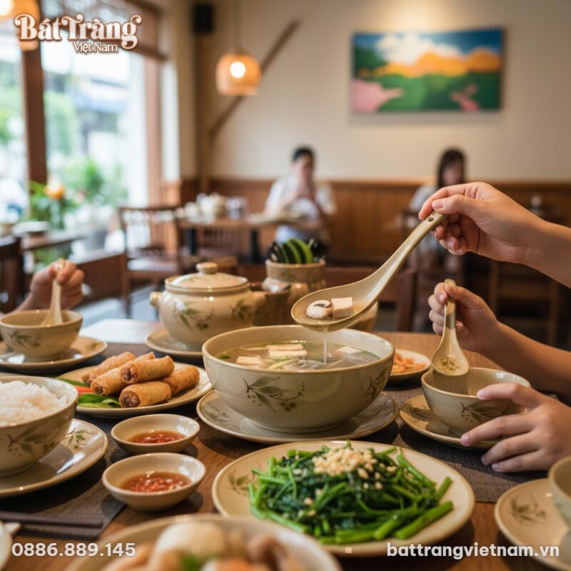 Một người nữ đang dùng thìa canh múc canh ra ch...