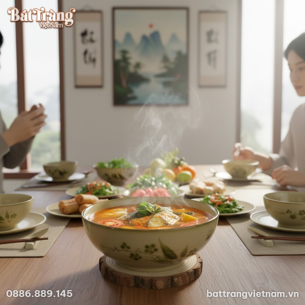 T&ocirc; gốm B&aacute;t Tr&agrave;ng men kem, trang tr&iacute; họa tiết ho...