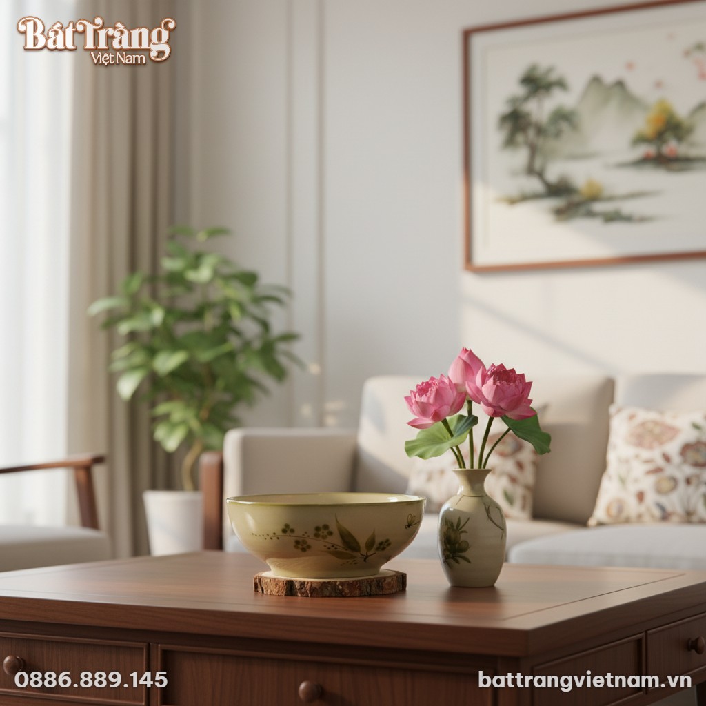 T&ocirc; gốm B&aacute;t Tr&agrave;ng men kem, họa tiết hoa l&aacute; bướm ...