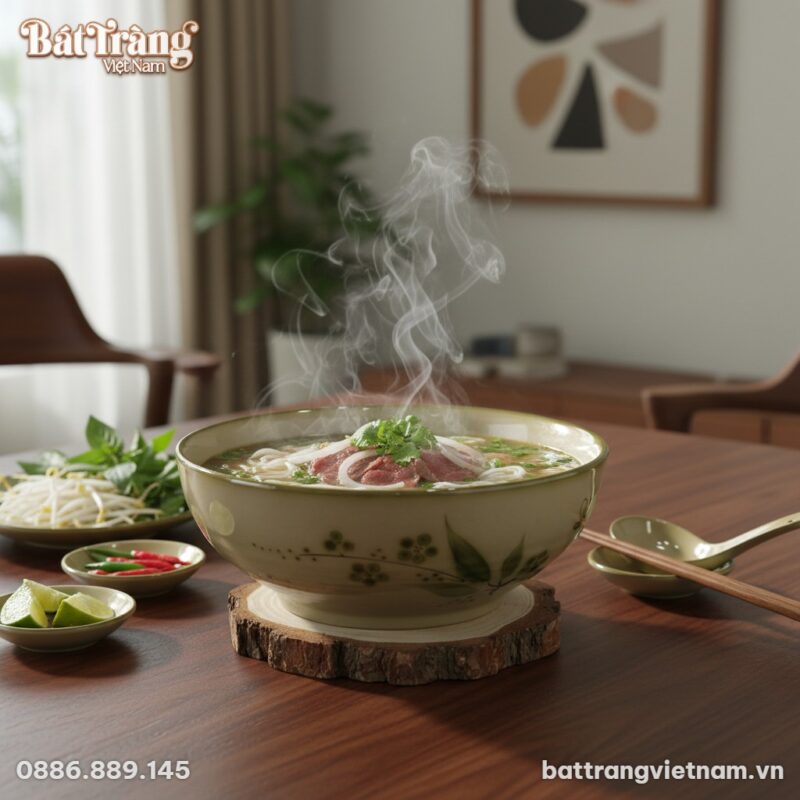 Góc bàn ăn gỗ phong cách Việt hiện đại, tô gốm ...