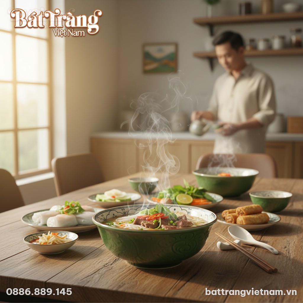 Tô gốm Bát Tràng men lục bảo đặt trên bàn ăn gỗ...