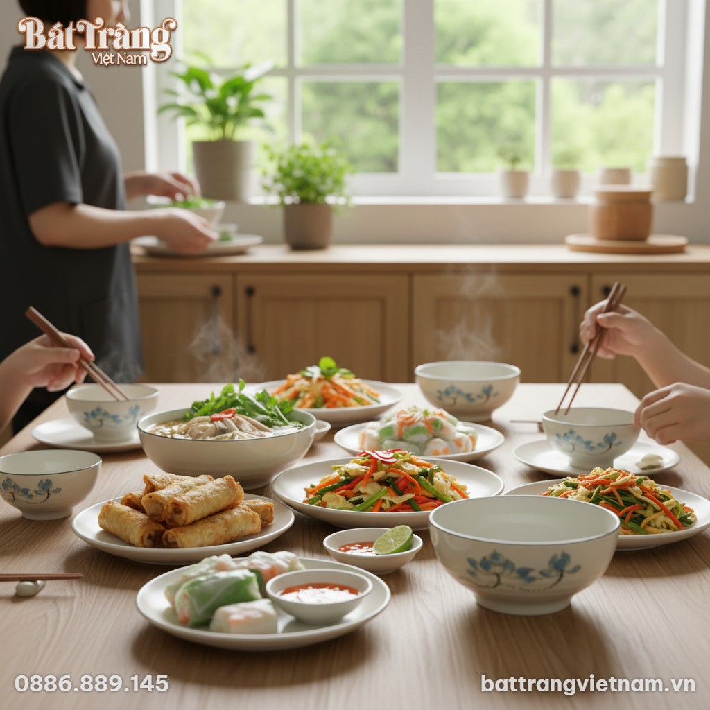 Một b&agrave;n ăn gia đ&igrave;nh ấm c&uacute;ng với c&aacute;c m&oacute;n ăn Việt...