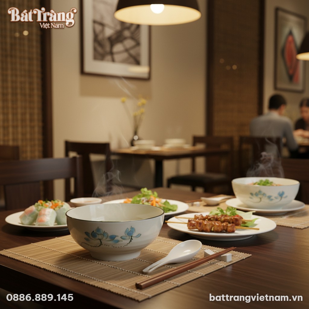 Trong kh&ocirc;ng gian một nh&agrave; h&agrave;ng Việt Nam đương đạ...