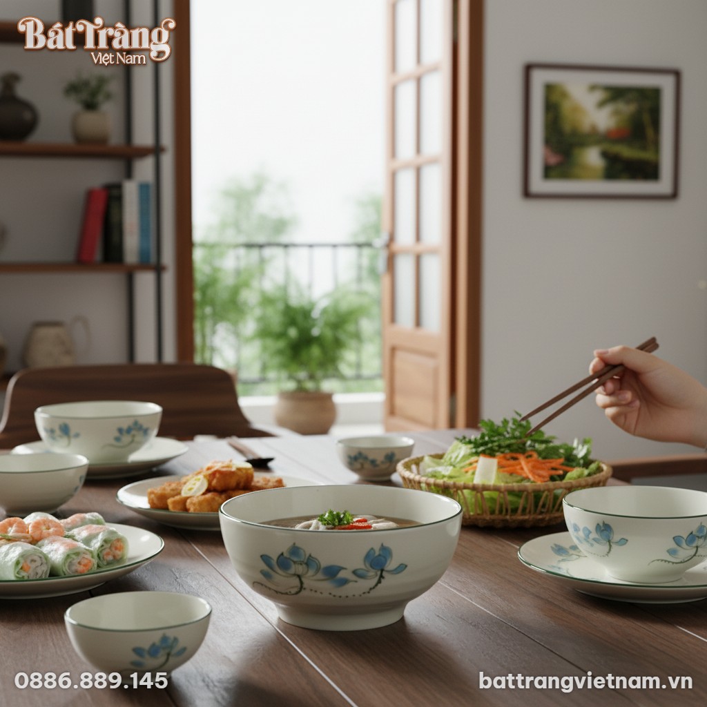 Ảnh cận cảnh chiếc t&ocirc; n&ocirc;ng sứ trắng hoa sen B&aacute;t...