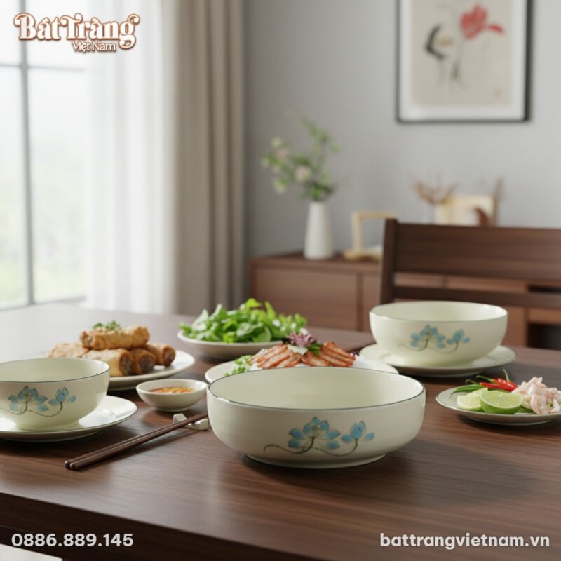 Một tô sứ Bát Tràng men kem ngà họa tiết sen xa... Một tô sứ Bát Tràng men kem ngà họa tiết sen xa...