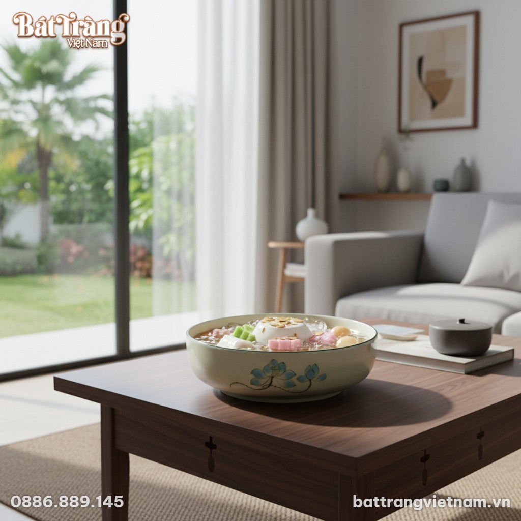 Một tô sứ Bát Tràng men kem ngà họa tiết sen xa...