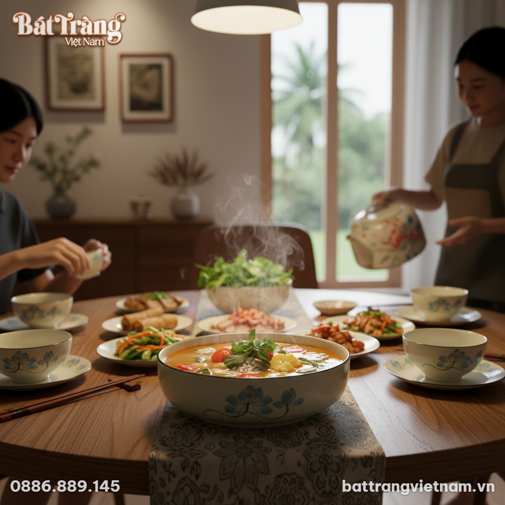 Tô sứ Bát Tràng men kem ngà họa tiết sen xanh v...