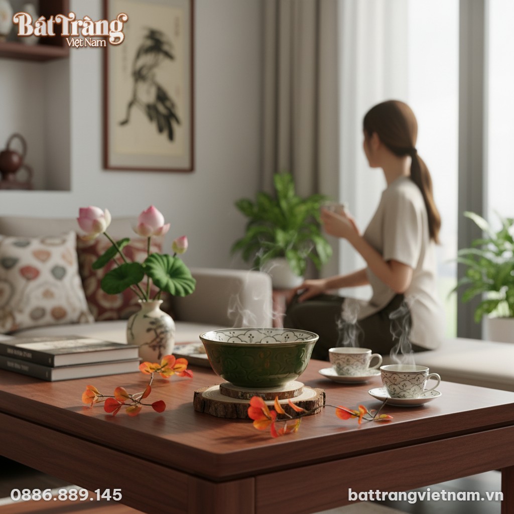 Chiếc t&ocirc; gốm B&aacute;t Tr&agrave;ng s&acirc;u l&ograve;ng m&agrave;u xanh lục bả...