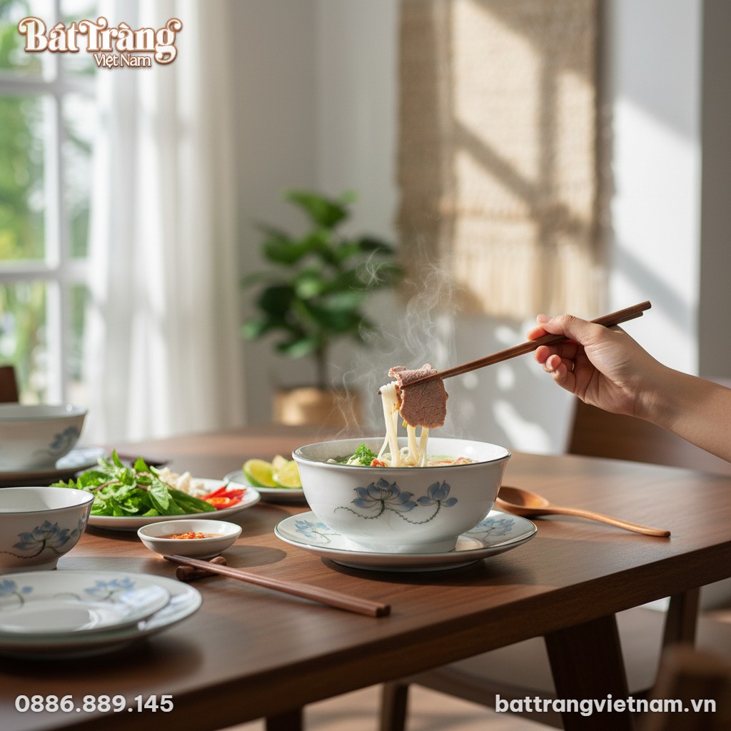 T&ocirc; sứ B&aacute;t Tr&agrave;ng hoạ tiết sen xanh chứa phở n&oacute;ng...