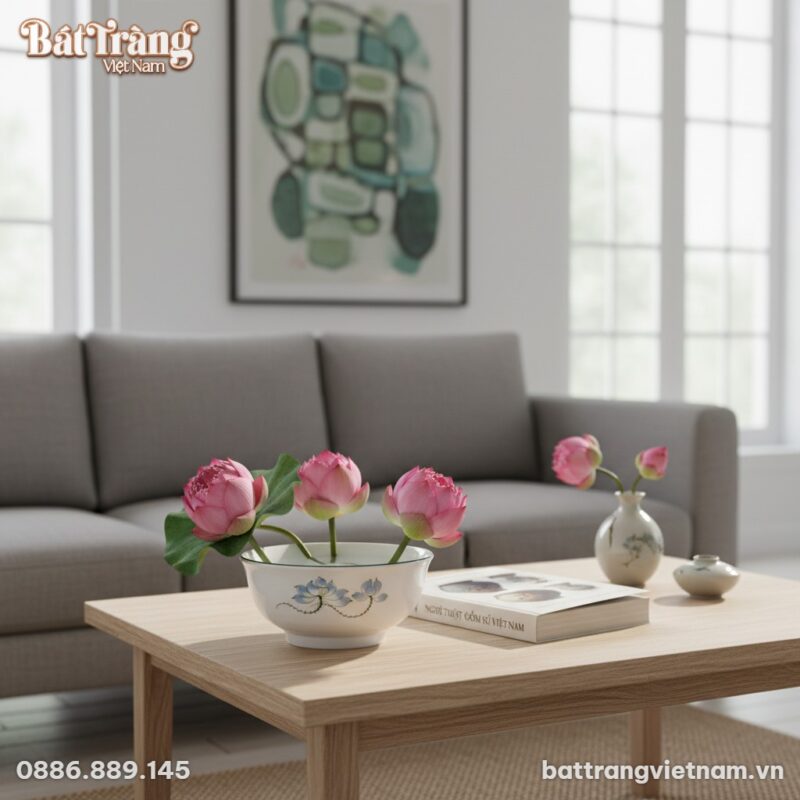 Tô sứ Bát Tràng hoạ tiết sen xanh đặt trang trọ...