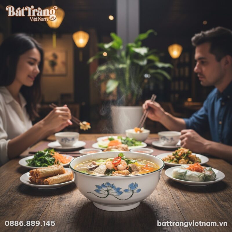 Tô sứ Bát Tràng hoạ tiết sen xanh đặt trang trọ...
