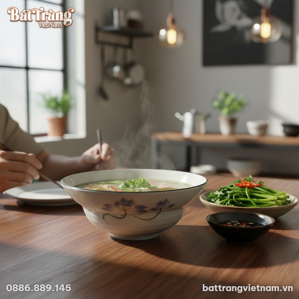 Cận cảnh t&ocirc; sứ trắng họa tiết sen xanh tr&ecirc;n b&agrave;n...